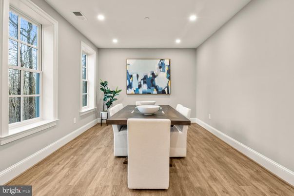 Dining room, Interior, Recessed Lighting, Wood Texture Flooring