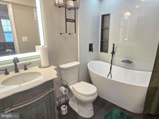 Bathroom, Free Standing Baths, Interior, Recessed Lighting, Wood Texture Flooring