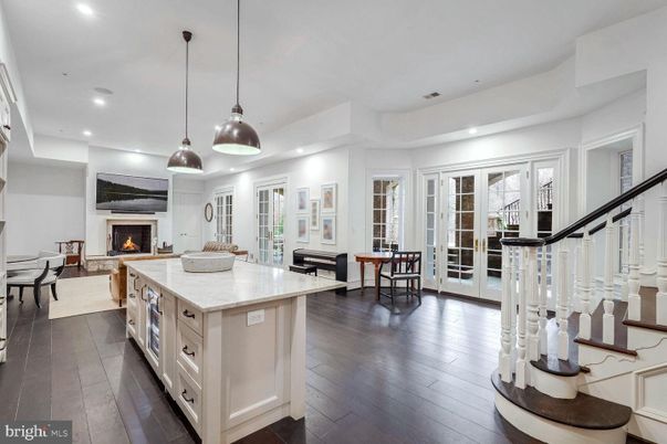 Dining room, Fireplace, Interior, Kitchen, Living room, Pendant Lights, Recessed Lighting, Wood Texture Flooring