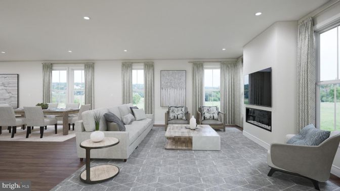 Dining room, Fireplace, Interior, Living room, Recessed Lighting, Wood Texture Flooring