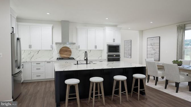 Dining room, Interior, Kitchen, Marble Walls, Recessed Lighting, Stainless Steel Appliances, Wood Texture Flooring
