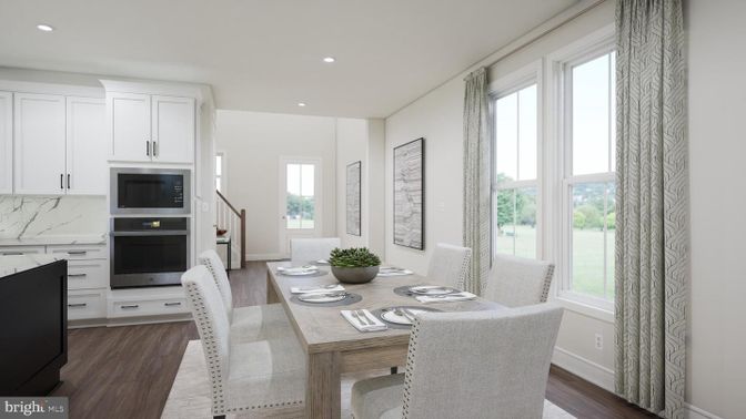 Dining room, Interior, Kitchen, Marble Walls, Recessed Lighting, Wood Texture Flooring