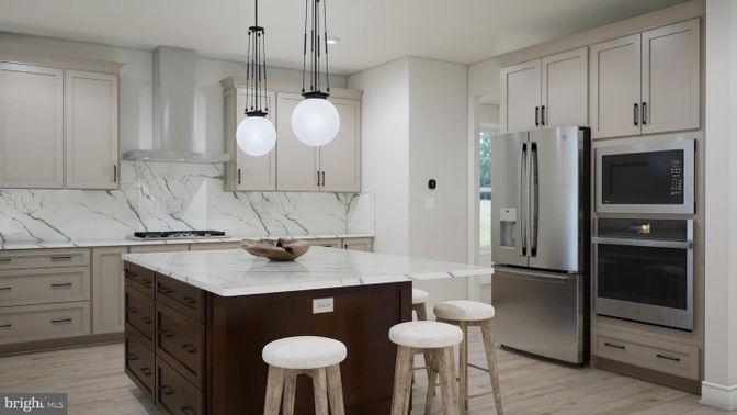 Interior, Kitchen, Marble Walls, Pendant Lights, Recessed Lighting, Stainless Steel Appliances, Wood Texture Flooring