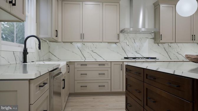 Interior, Kitchen, Marble Walls, Wood Texture Flooring