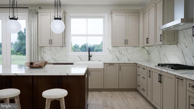 Interior, Kitchen, Marble Walls, Pendant Lights, Wood Texture Flooring