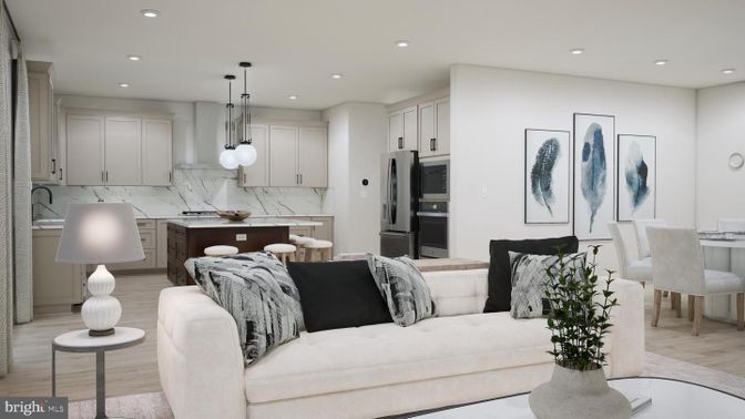Dining room, Interior, Kitchen, Living room, Marble Walls, Pendant Lights, Recessed Lighting, Stainless Steel Appliances, Wood Texture Flooring