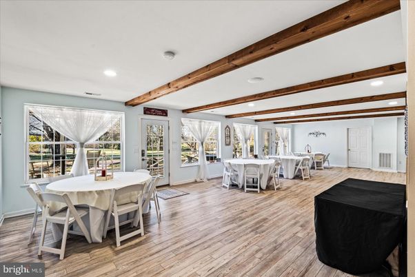 Dining room, Interior, Recessed Lighting, Wooden Beams, Wood Texture Flooring