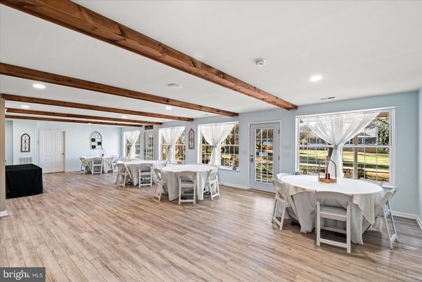 Dining room, Interior, Recessed Lighting, Wooden Beams, Wood Texture Flooring