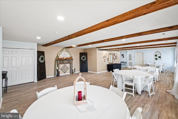 Dining room, Interior, Recessed Lighting, Wooden Beams, Wood Texture Flooring