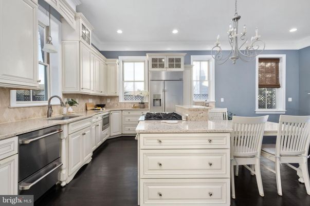 Chandelier, Interior, Kitchen, Recessed Lighting, Stainless Steel Appliances, Wood Texture Flooring