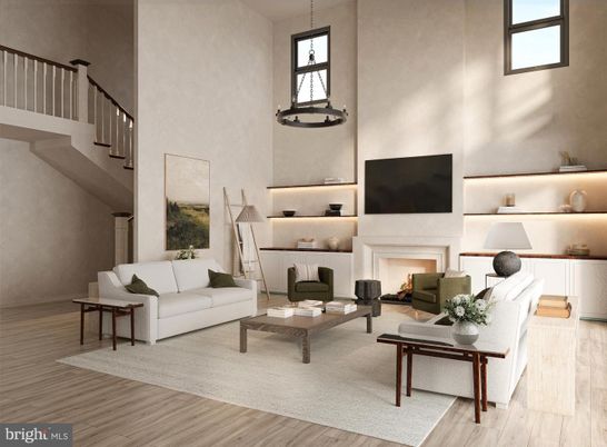 Fireplace, Interior, Living room, Pendant Lights, Wood Texture Flooring
