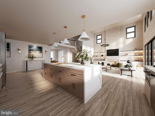 Fireplace, Interior, Kitchen, Living room, Pendant Lights, Wood Texture Flooring