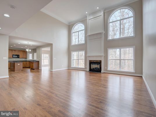 Empty room, Fireplace, Interior, Kitchen, Pendant Lights, Recessed Lighting, Wood Texture Flooring