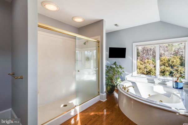Bathroom, Glass Shower, Interior, Recessed Lighting, Wood Texture Flooring