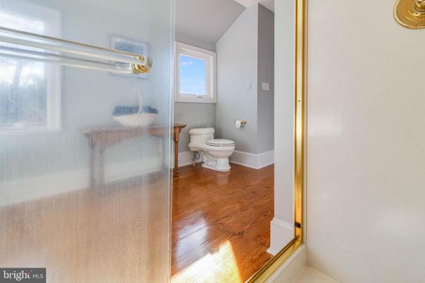Bathroom, Glass Shower, Interior, Wood Texture Flooring