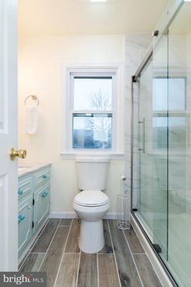 Bathroom, Glass Shower, Interior, Wood Texture Flooring