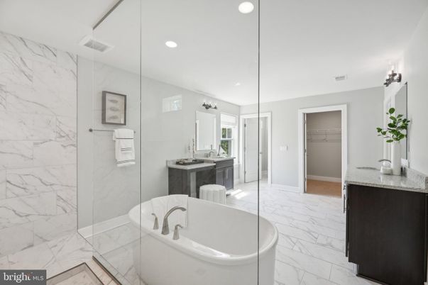 Bathroom, Glass Shower, Interior, Marble, Marble Walls, Recessed Lighting