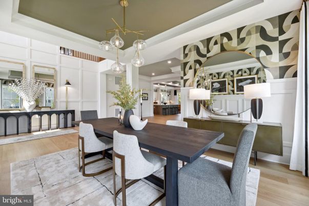 Dining room, Interior, Pendant Lights, Recessed Lighting, Wood Texture Flooring