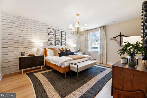 Bedroom, Chandelier, Interior, Stone Walls, Wood Texture Flooring