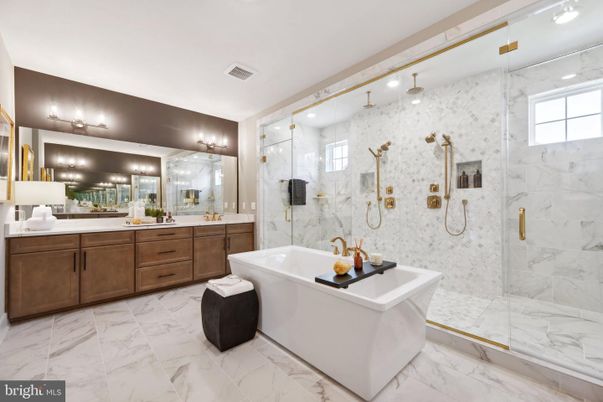 Bathroom, Dual Sink Vanities, Free Standing Baths, Glass Shower, Interior, Marble, Marble Walls, Recessed Lighting
