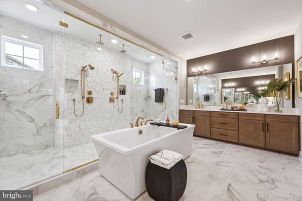 Bathroom, Dual Sink Vanities, Free Standing Baths, Glass Shower, Interior, Marble, Marble Walls, Recessed Lighting