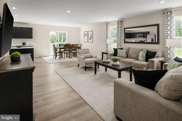 Dining room, Interior, Living room, Recessed Lighting, Wood Texture Flooring