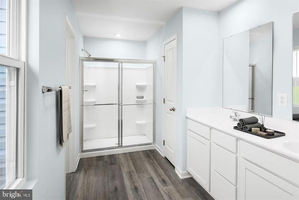 Bathroom, Glass Shower, Interior, Recessed Lighting, Wood Texture Flooring