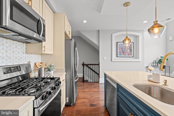 Interior, Kitchen, Pendant Lights, Recessed Lighting, Stainless Steel Appliances, Wood Texture Flooring