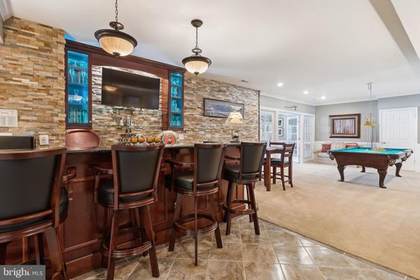 Billiard Table, Game Room, Interior, Pendant Lights, Recessed Lighting, Stone Walls
