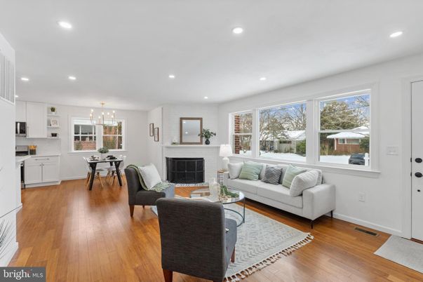 Dining room, Fireplace, Interior, Kitchen, Living room, Pendant Lights, Recessed Lighting, Wood Texture Flooring