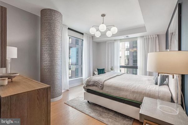 Bedroom, Interior, Pendant Lights, Wood Texture Flooring