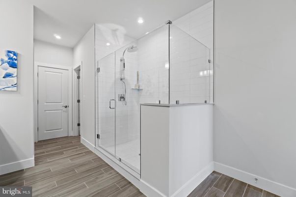 Bathroom, Glass Shower, Interior, Recessed Lighting, Wood Texture Flooring