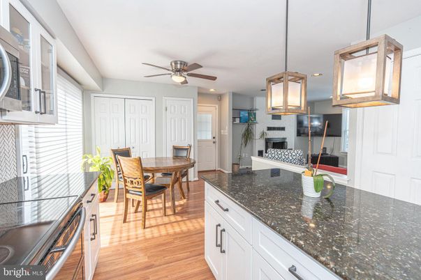 Dining room, Interior, Kitchen, Pendant Lights, Recessed Lighting, Stainless Steel Appliances, Wood Texture Flooring