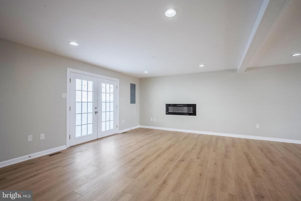 Empty room, Fireplace, Interior, Recessed Lighting, Wood Texture Flooring
