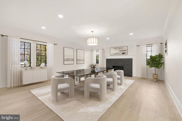 Dining room, Fireplace, Interior, Pendant Lights, Recessed Lighting, Wood Texture Flooring