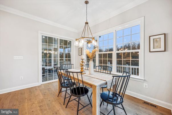 Dining room, Interior, Pendant Lights, Wood Texture Flooring