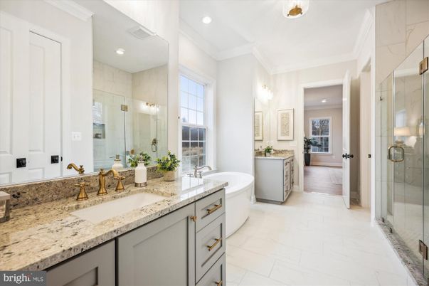 Bathroom, Dual Sink Vanities, Glass Shower, Interior, Marble, Recessed Lighting