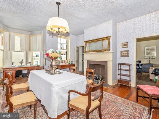 Chandelier, Dining room, Fireplace, Interior, Pendant Lights, Wood Texture Flooring