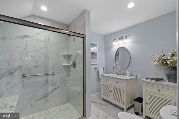 Bathroom, Glass Shower, Interior, Marble, Marble Walls, Recessed Lighting