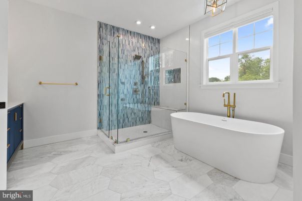 Bathroom, Free Standing Baths, Glass Shower, Interior, Marble, Recessed Lighting