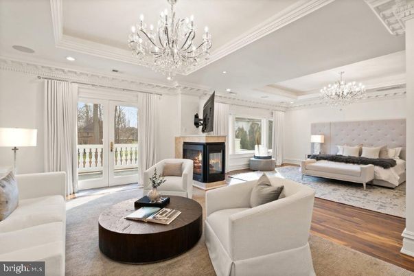 Bedroom, Chandelier, Fireplace, Interior, Living room, Recessed Lighting, Wood Texture Flooring