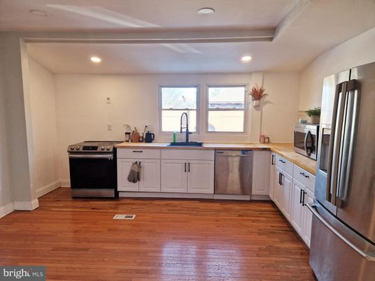Interior, Kitchen, Recessed Lighting, Stainless Steel Appliances, Wood Texture Flooring