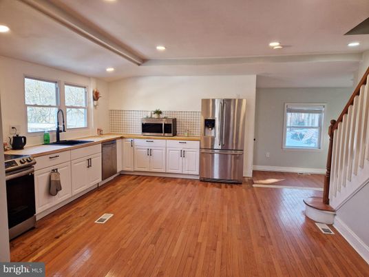Interior, Kitchen, Recessed Lighting, Stainless Steel Appliances, Wood Texture Flooring