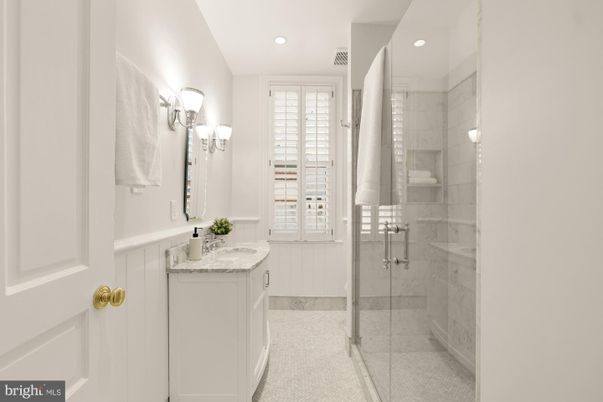 Bathroom, Glass Shower, Interior, Marble Walls, Recessed Lighting