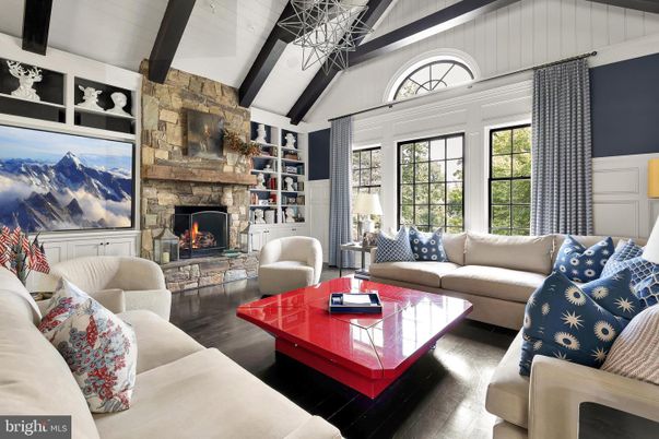 Fireplace, Interior, Living room, Stone Walls, Wooden Beams, Wood Texture Flooring