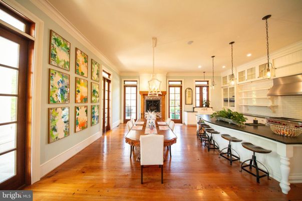 Dining room, Fireplace, Interior, Kitchen, Pendant Lights, Recessed Lighting, Wood Texture Flooring