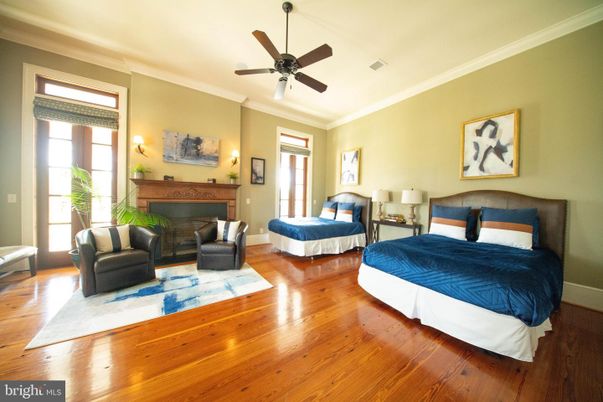 Bedroom, Fireplace, Interior, Wood Texture Flooring