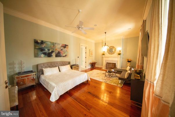Bedroom, Fireplace, Interior, Living room, Pendant Lights, Wood Texture Flooring