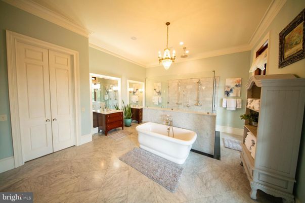 Bathroom, Chandelier, Free Standing Baths, Glass Shower, Interior, Marble, Pendant Lights