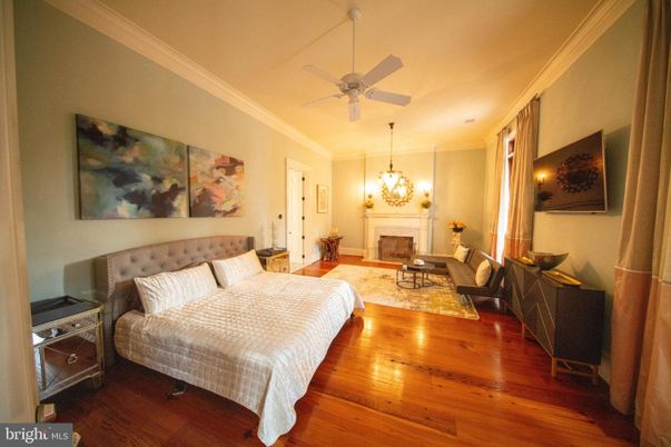 Bedroom, Fireplace, Interior, Pendant Lights, Wood Texture Flooring